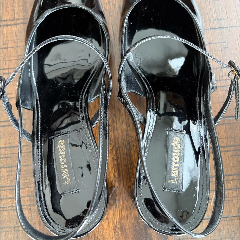 Larroude Glossy Black Patent Strappy Heels